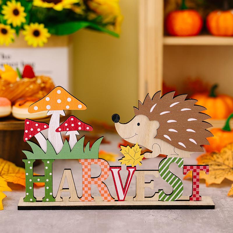 Stylish Harvest Season Wooden Animal Display Featuring Hedgehog And Designs Squirrel