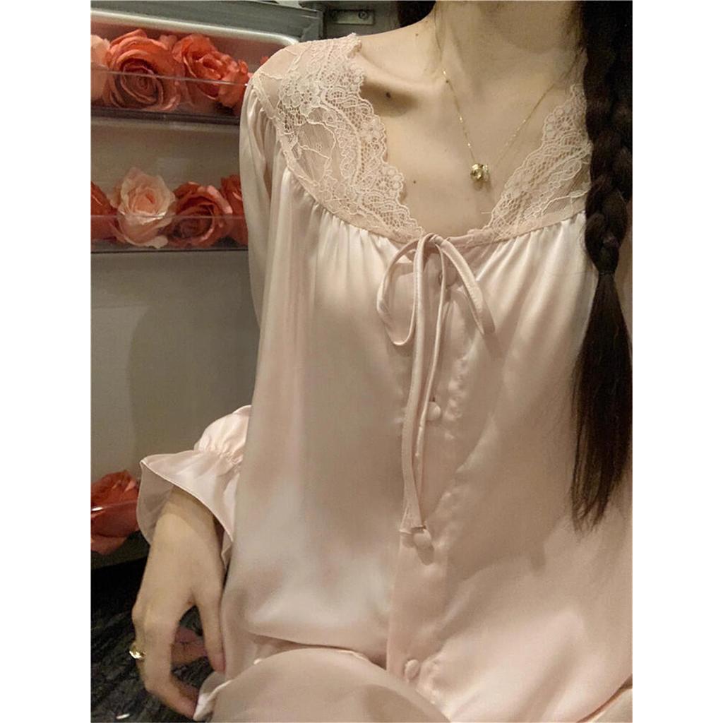 1011 French Simple Solid Color Pajamas Spring and Autumn Women's Pure Desire Lace Long Sleeves Trousers Loungewear Suit Outer Wear