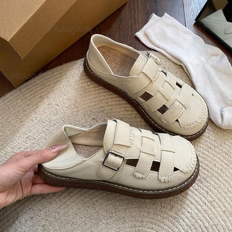 Fashion Vintage Hollow Out Back Strap Gladiator Sandals Classic Round Toe Low Heel Sandals Soft Thick Bottom Non Slip Mom's Shoes