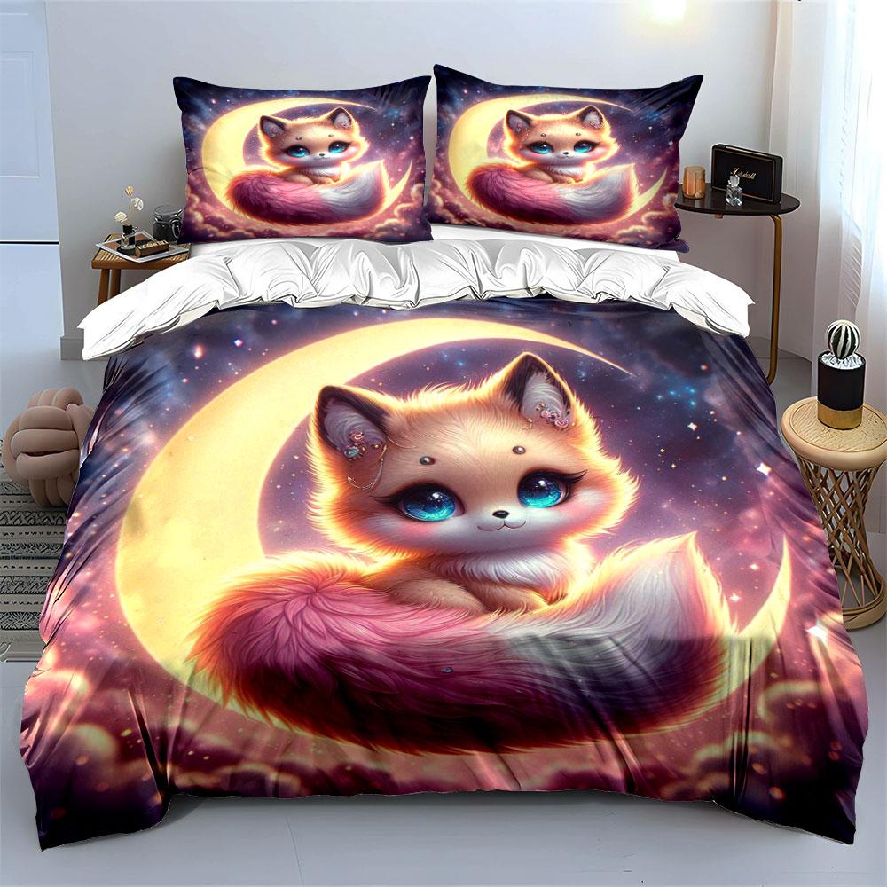 Dreamy Blue-Eyed Fox On Moon Printed Duvet Cover Set1 Duvet Cover+2 Pillowcasemulti Size Bedroom Bedding Decor Luxury Gifts