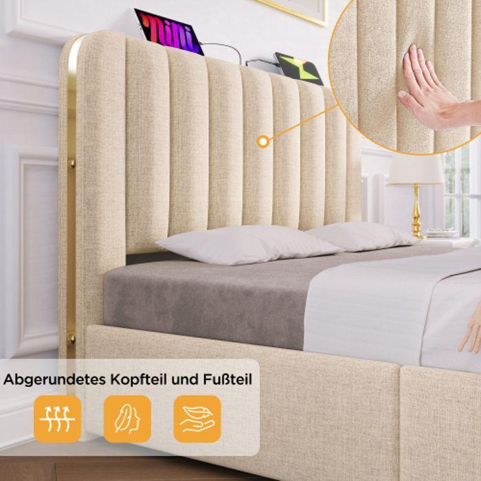 Lit - MUVOE - 140x200 cm - Beige lin - 4 tiroirs - Recharge USB Typ-C