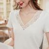 French Elegant Lace Trim V-Neck Short Sleeve Women's T-Shirt