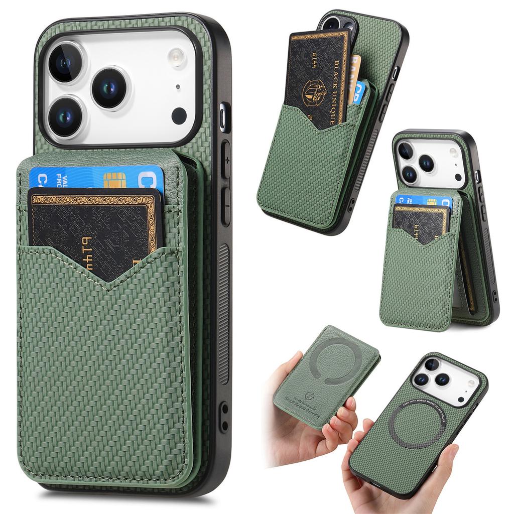 For iPhone 17 Pro Magnetic Case Carbon Fiber Texture Back Cover with Detachable Card Holder