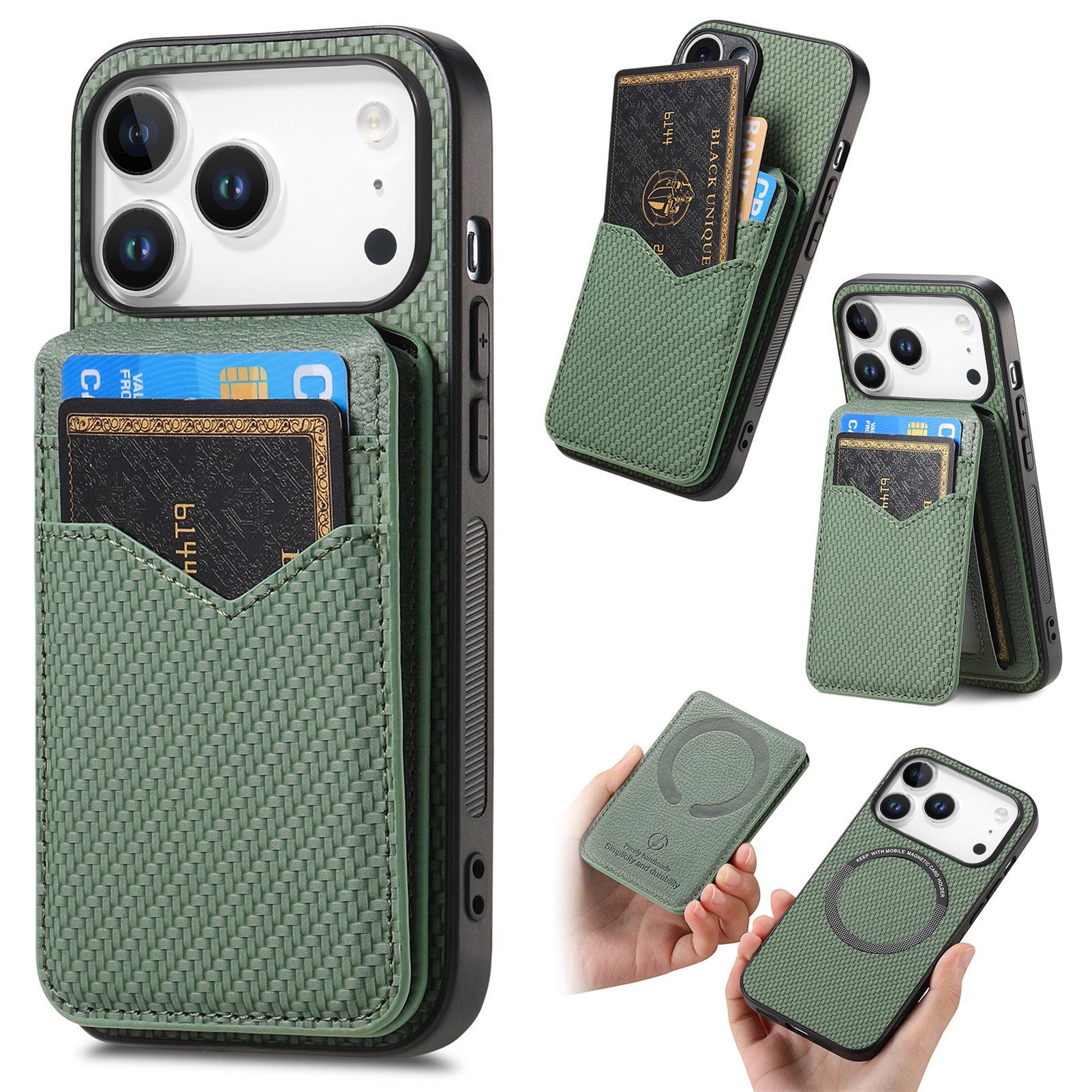 

For iPhone 17 Pro Magnetic Case Carbon Fiber Texture Back Cover with Detachable Card Holder