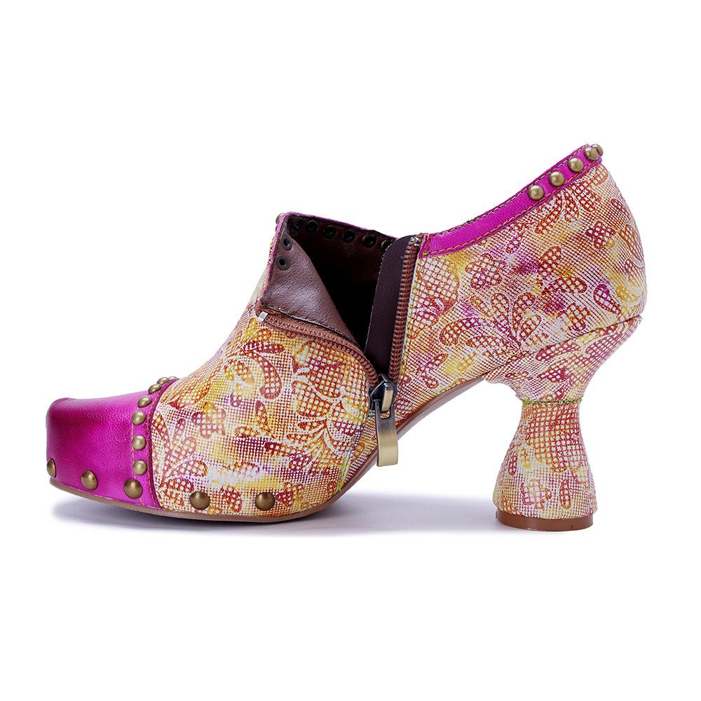 Johnature Pantofi cu toc înalt cu nituri, cu imprimeu retro, cu aplicații din piele naturală, pentru femei