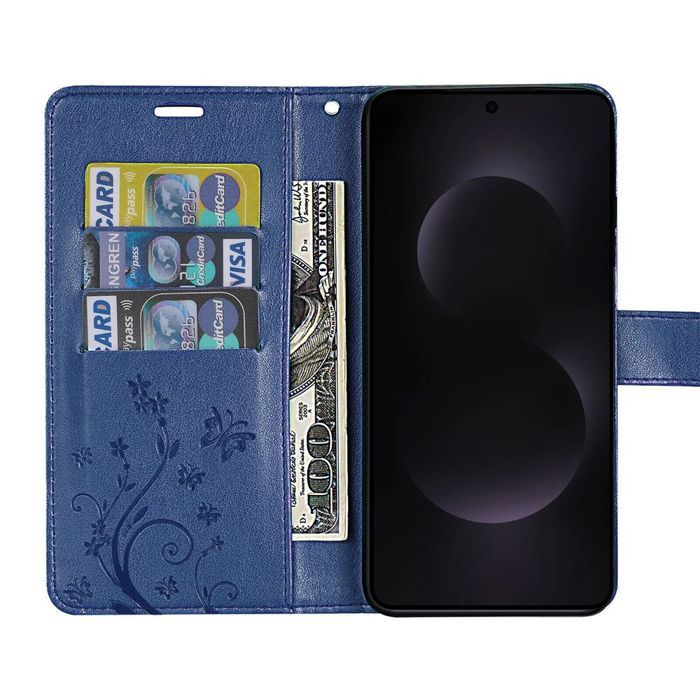 Coque de Protection - BOOLING - pour Samsung Galaxy S25 Edge - Effet Cuir Motif Floral Bleu Foncé - 2 Vitres