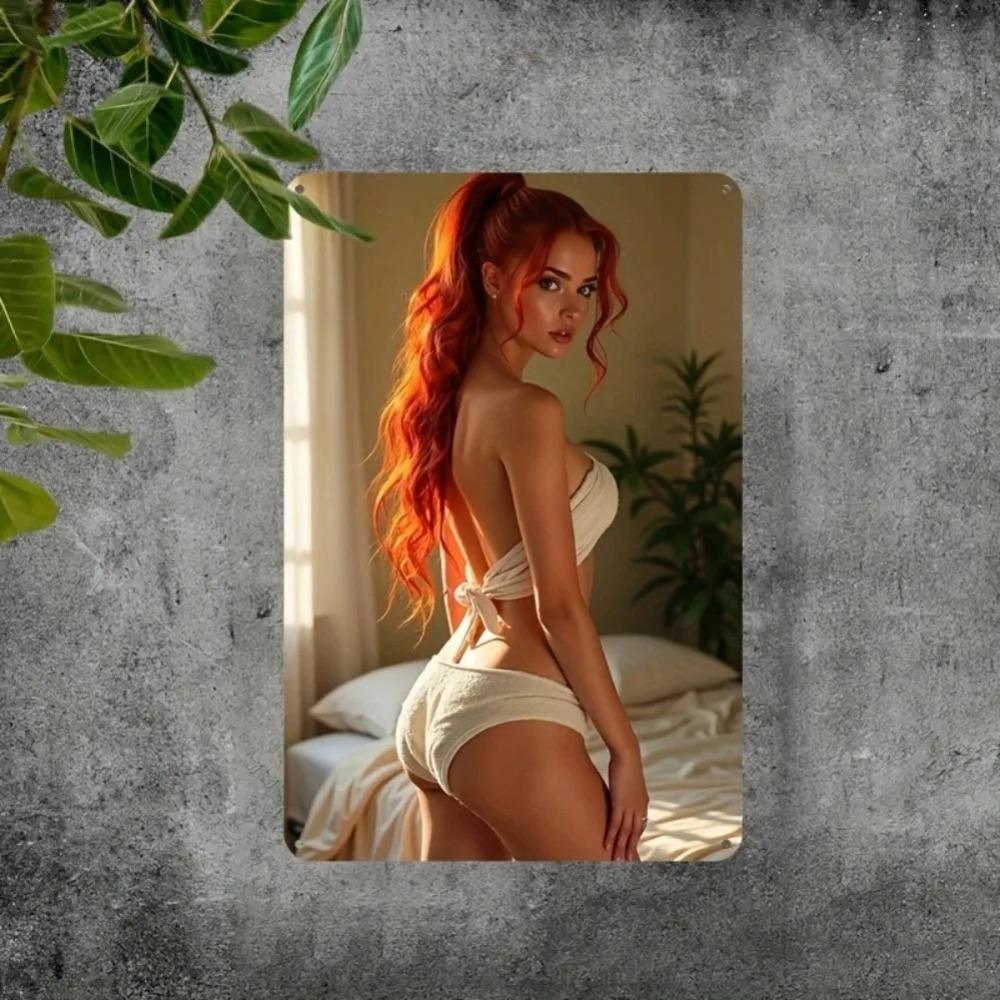 Vintage Red Hair Lady 2D Aluminum Wall Art 8x12 Inch - No Power Easy Hang Home Decor for Bedroom Living Room