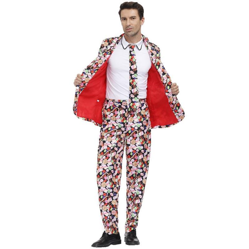 M-XL Men's Print Craze Suit Clown Costume, Halloween Holiday Disco Suit for Men