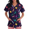 Women's V-neck Printed Short-sleeved Work Clothes With Side-slit Pockets And Uniforms