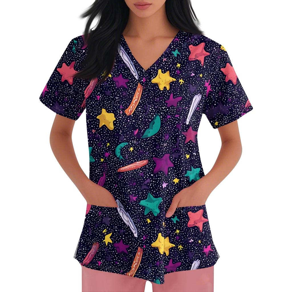 Women's V-neck Printed Short-sleeved Work Clothes With Side-slit Pockets And Uniforms