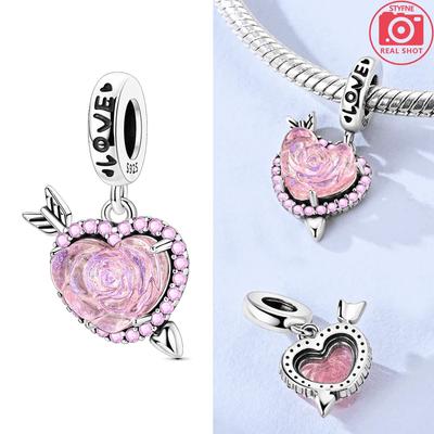Charm Copper Plated Pink Rose Arrow Heart-Shaped Pendant Fits Genuine Bracelets Bead Women Jewelry Crafting Do-It-Yourself