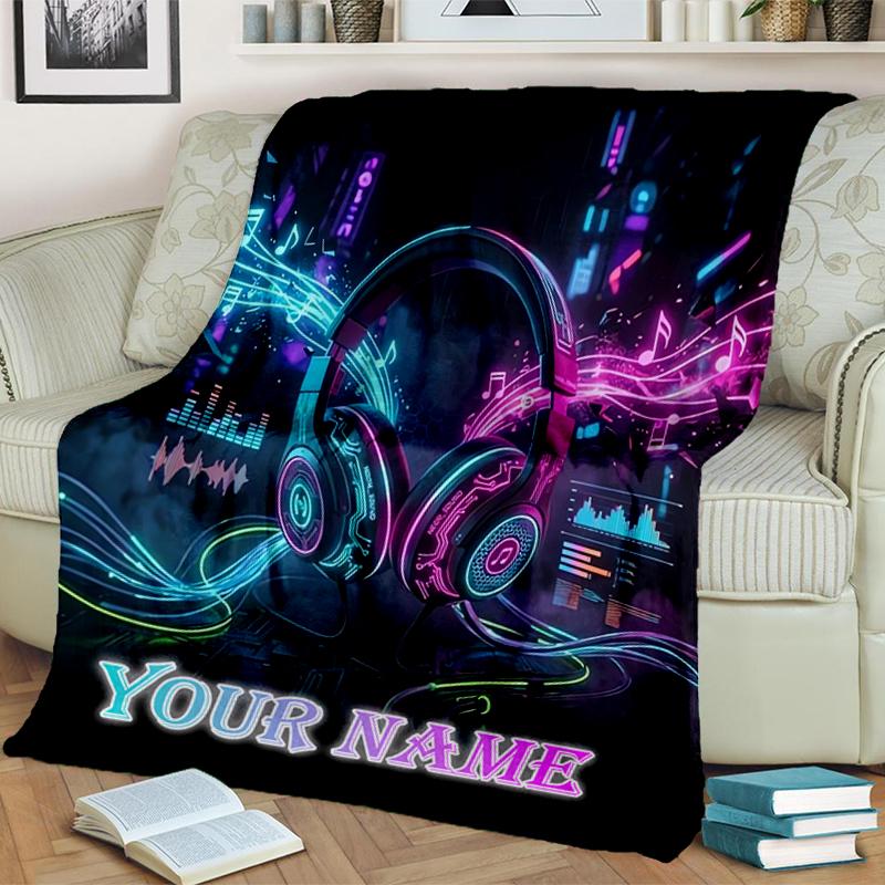1PC Custom Name Neon Headphones Vibes Flannel Blanket Versatile,all-season Throw Suitable for the Living Room,bedroom,camping,travel,and Gift