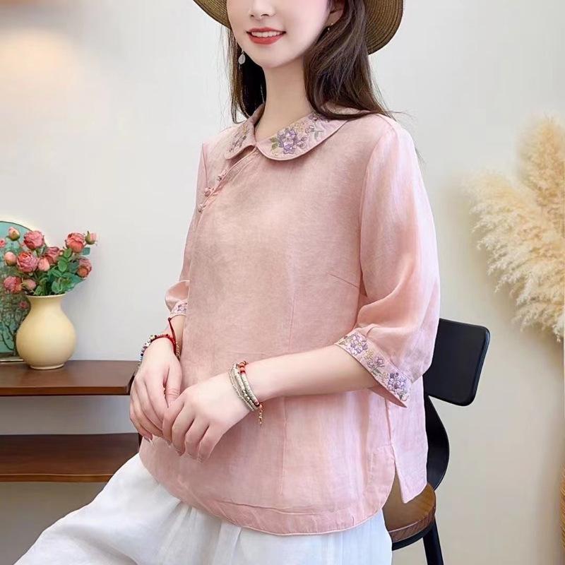 Women's Summer 2024 Chinese Retro Embroidered Cotton Linen Shirt