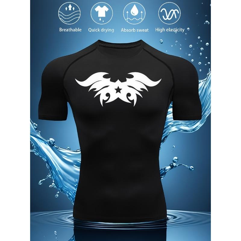 White Compression Short Sleeve T-Shirt Black Winged Tribal Design With Star Graphic Quick Dry Breathable High Elasticity Gym And Workout Athletic Top