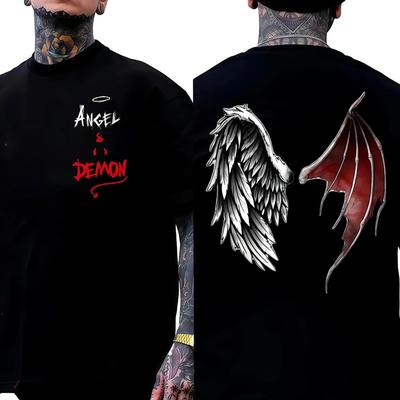 T-shirt Ali Angelo Demone 100% Cotone Stampata Double-sided Nera Dark Street Style U