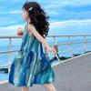 Girls' Sea Blue Cotton Suspender Beach Dress