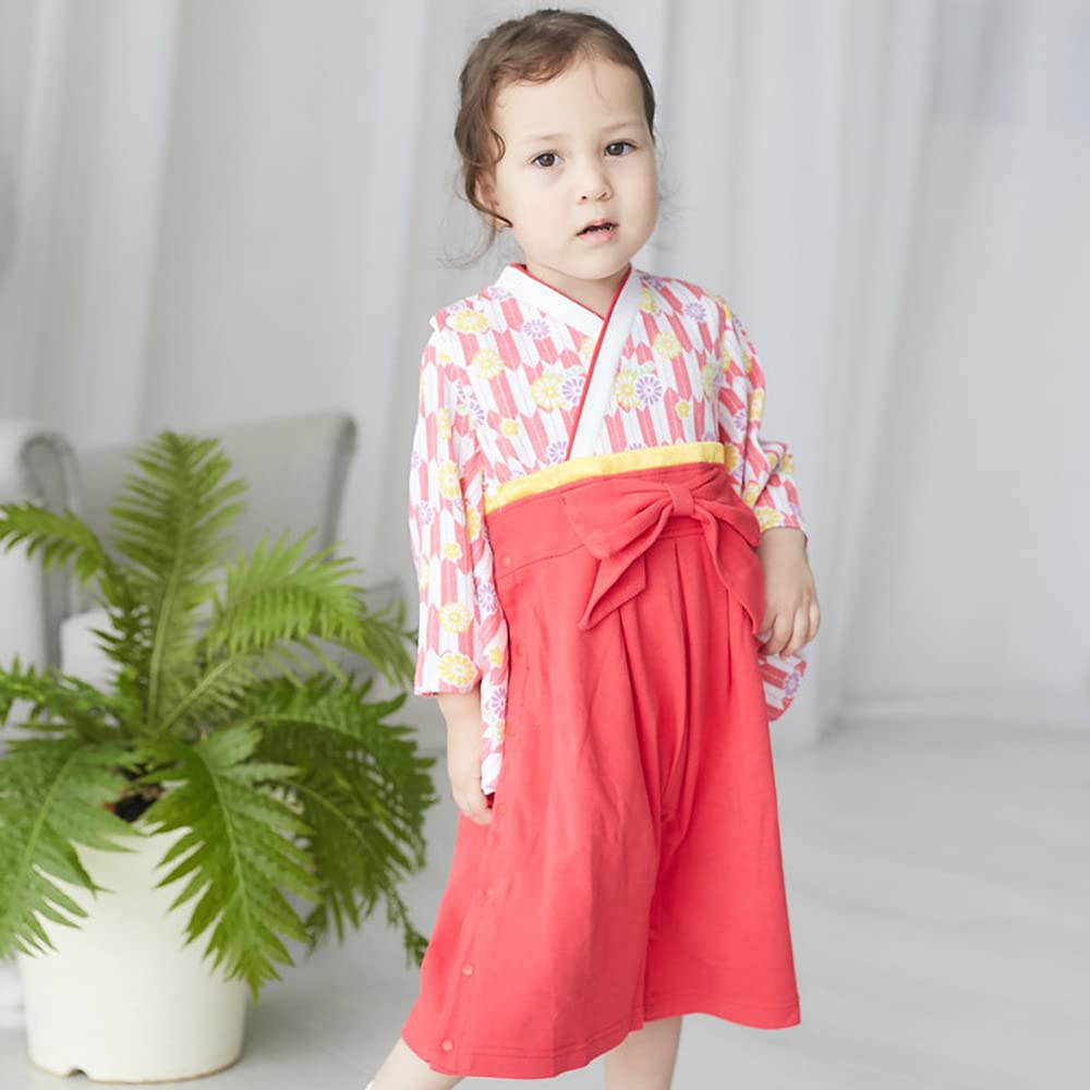 nobistar Hakama Romper for Girls, Sizes 70, 60, and 80cm, for Newborns, Babies, and Kids, Perfect for Girls' Festival (Ky37301-70-SRED)