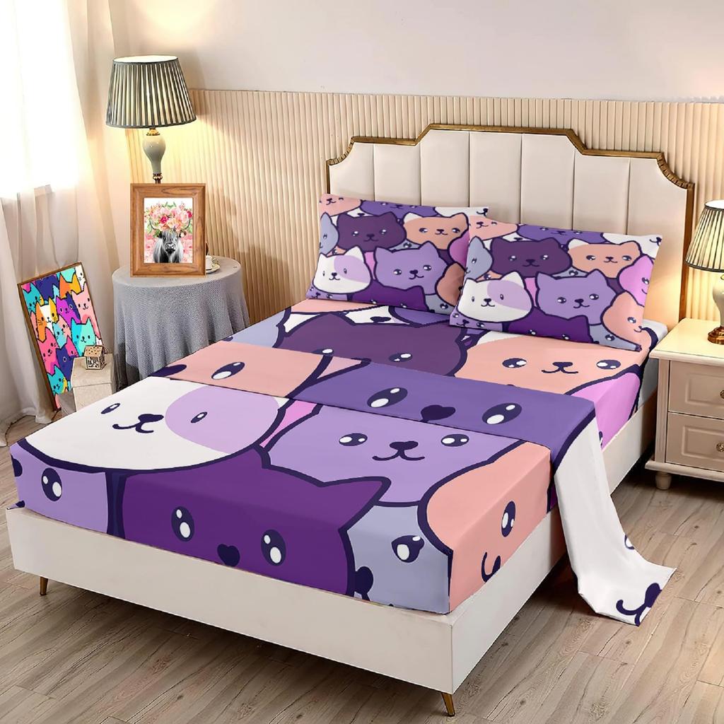 Cute Cartoon Cat Pattern Bed Hat Four-Piece Bedding Set Bedroom Dormitory Bedding Decoration