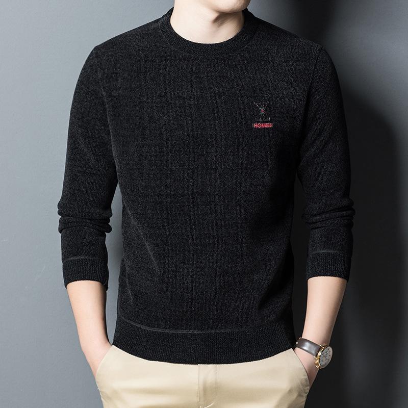 Autumn and Winter Chenille Sweater Men's Round Neck Plus Velvet Thick Chenille Men's Sweater Bottoming Shirt