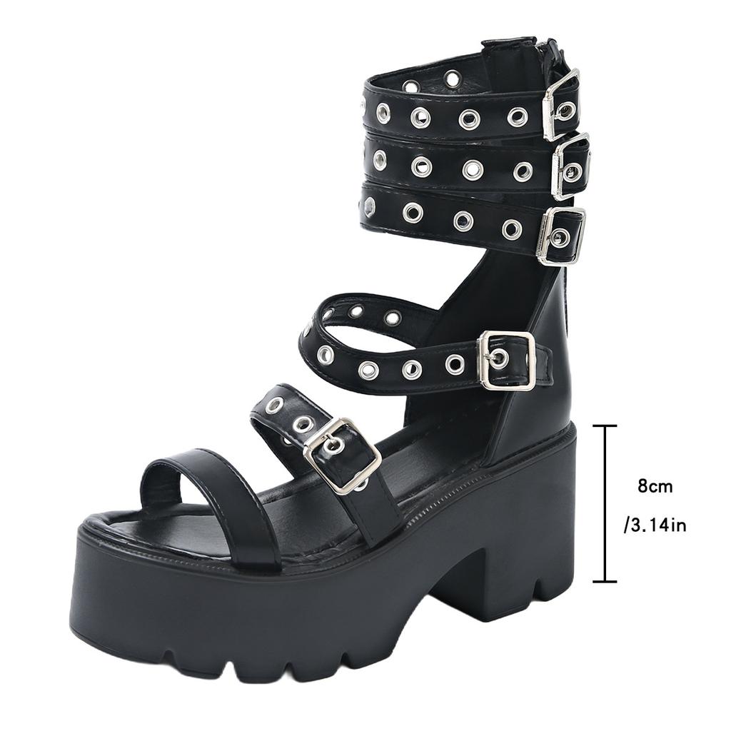 Fashion 2025 Summer Gladiator Sandals Women Metal Rivet Punk Streetwear Wedge Square Heels Platform Ankle Buckle Strap High Quality