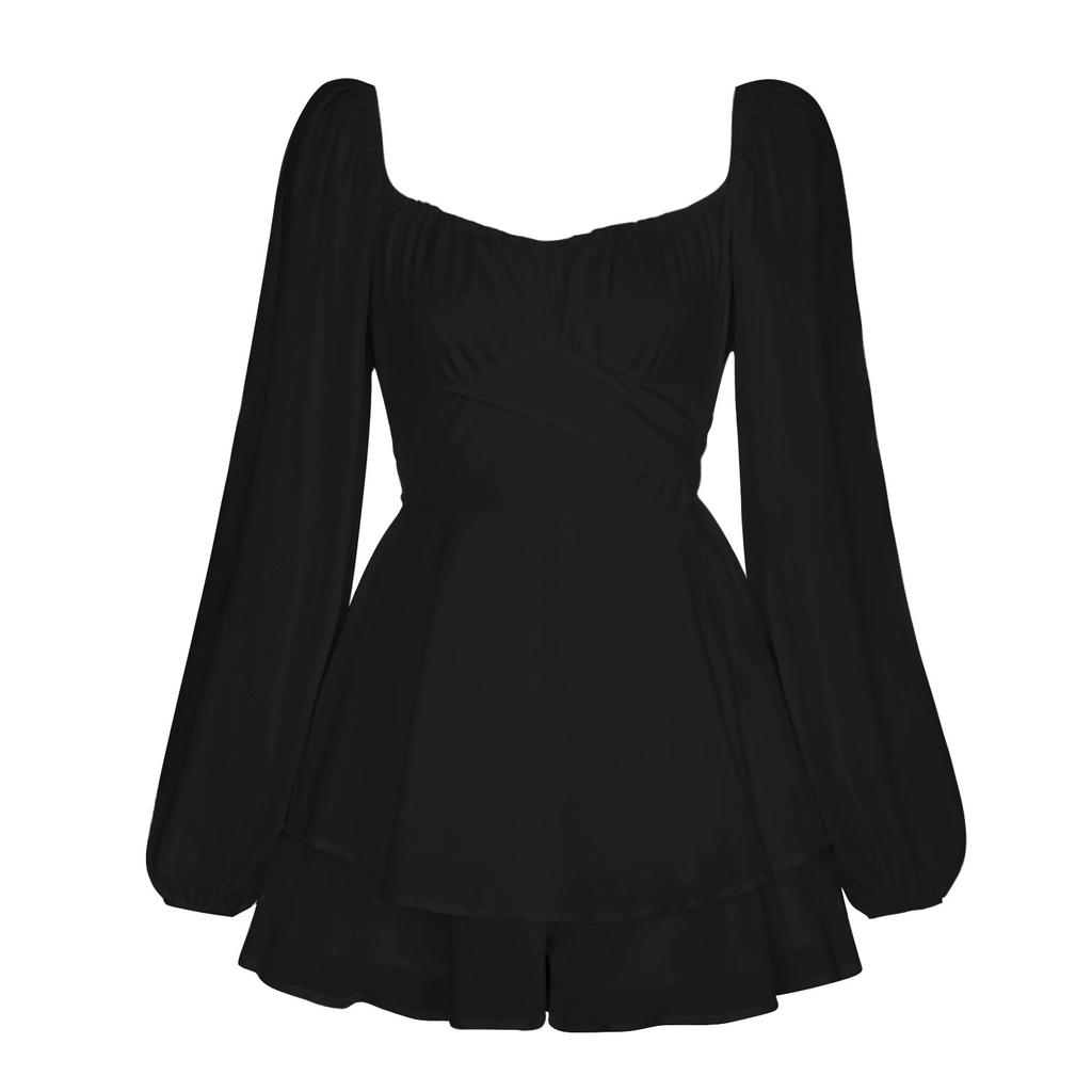 Women's Square Neck Long Sleeve Solid Romper High Waist Ruffled Layered Playsuit
