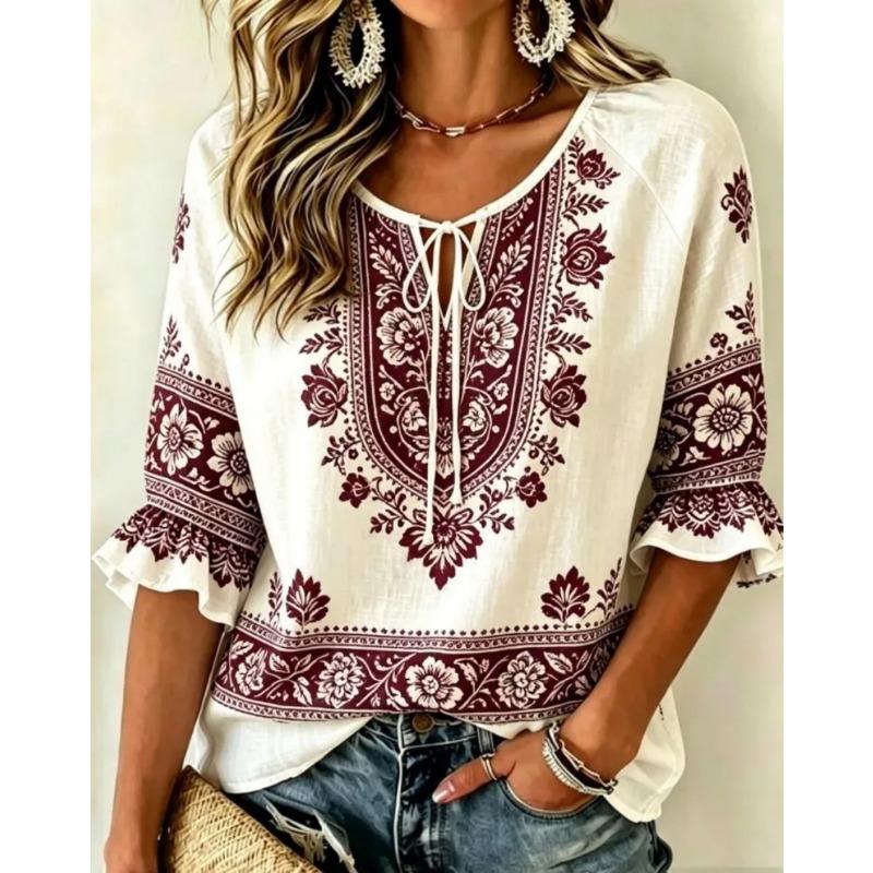Damen Mehrfarbiger Print Krawattenfront V-Ausschnitt 3/4 Rüschenärmel Lockere Bluse, Lässiges Tägliches Oberteil