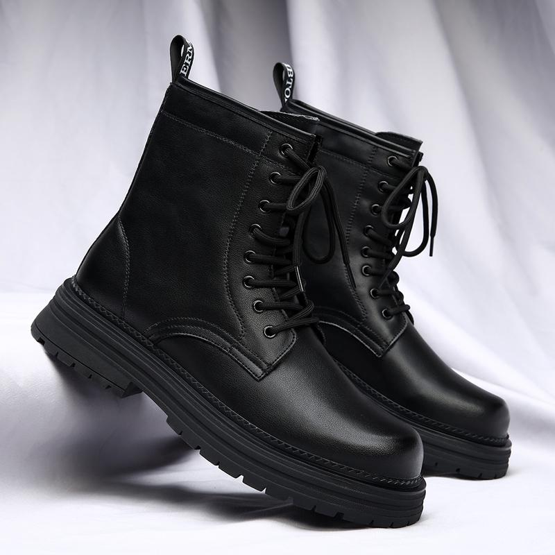 New Casual Leather Mens High Top Shoes Classic Motorcycle Boots British Style Mid-Calf Ankle Boots Thick Bottom Male Basic Boots