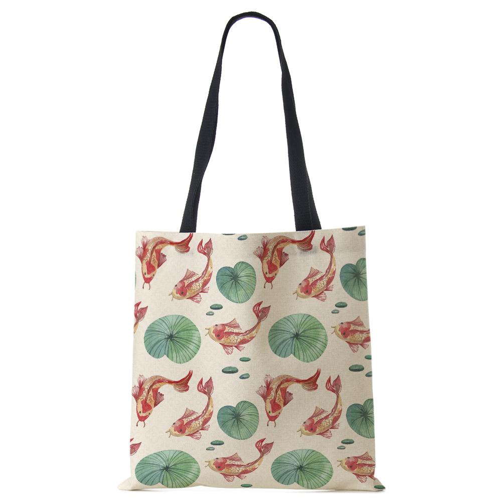 Lotus Leaf Bamboo Print Shopping Bags Women Folding Reusable Tote Shoulder Bag Scenery Canvas Casual Groceries Handbags 2022 CLE