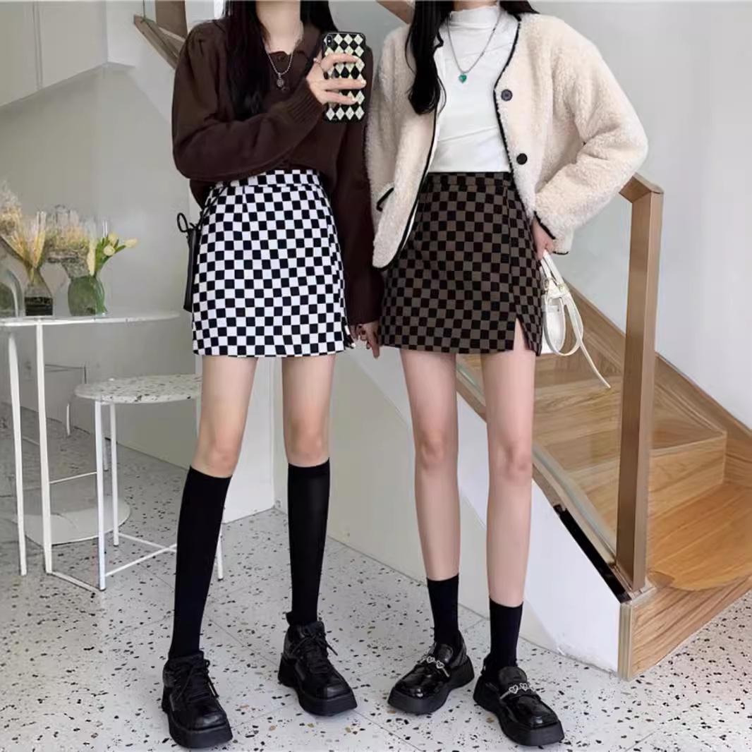 

2025 Summer High Waist Plaid Midi Skirt - Women s Slimming A-Line with Slit S