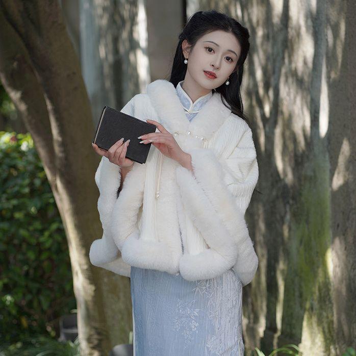 

Плюс Бархатный Толстый Плащ Шаль Для Сохранения Тепла Осенью и Зимой Пальто Кардиган из Искусственного Кроличьего Меха One size бежевый