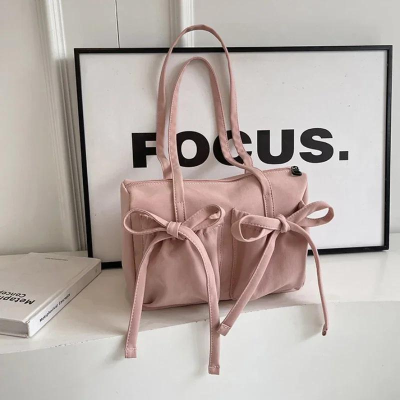 2025 New Korean Bow Nylon Shoulder Bag Folded Large Capacity Commuter Women's Handbag Fashionable and Sweet Design Tote Bag