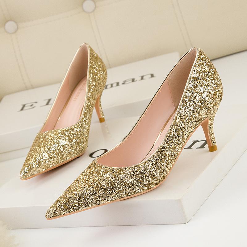 Fashion Sequins Bling Woman Pumps Gold Sliver High Heels Stiletto Pointed Toe Women Heels Wedding Shoes Plus Size 41 Sexy Party Shoes