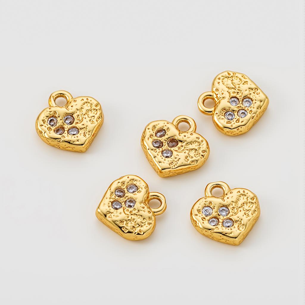 2Piece 14/18K Gold Color Plated Copper Heart Shape Pendants with Zircon for DIY Bracelet Necklace Jewelry Making Accessories