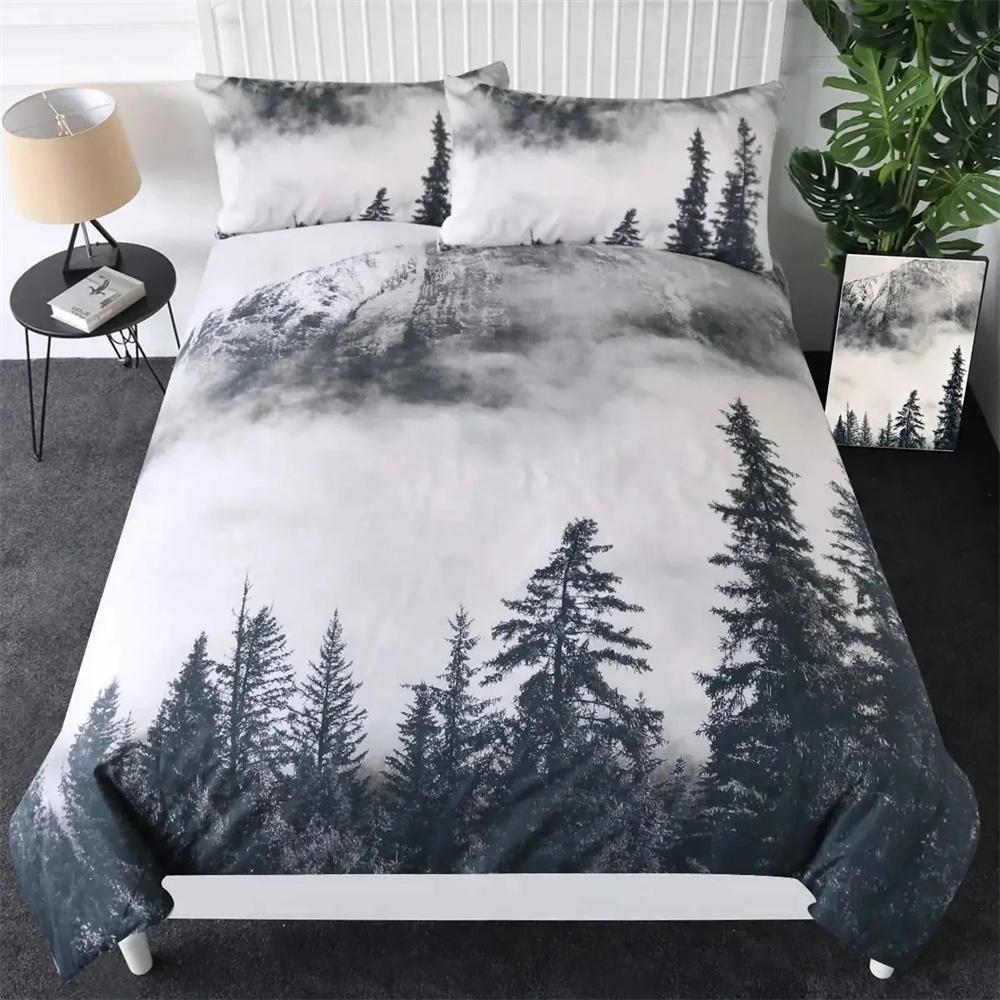 Smoky Mountain Duvet Cover Collection Misty Forest Bedding Collection Full Queen Size Grey Trees Natural Scenery Art Comforter Cover