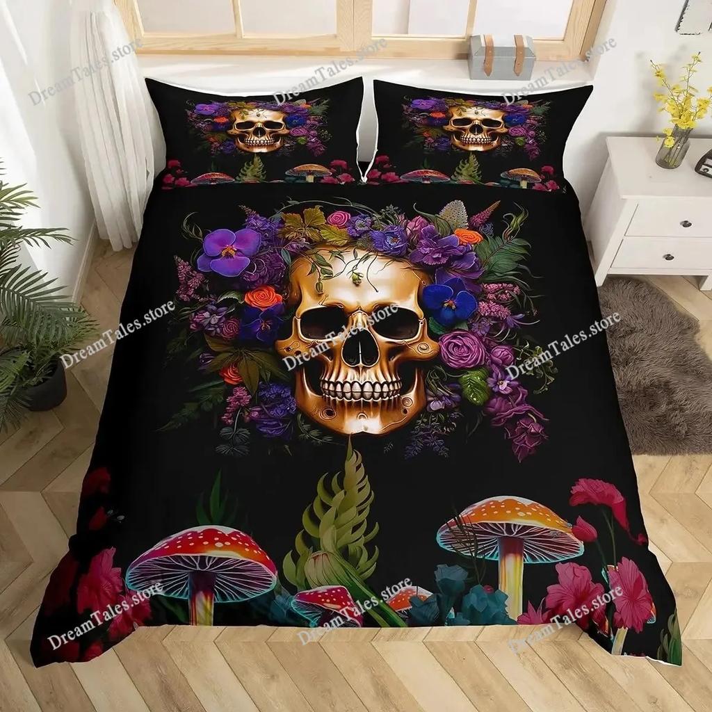 Gothic Sugar Skull Bone Bedding Set Skeleton Hand Comforter Cover Rose Leaves Romantic Flowers Home Textileextile Luxury Gift