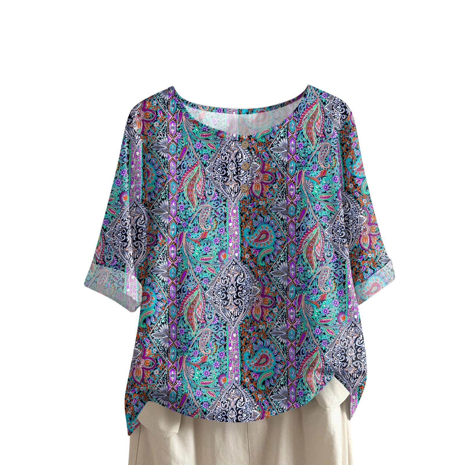 

Женская модная и повседневная рубашка с полурукавом, круглым вырезом, принтом, из хлопка и льна, блузка-топ XL фиолетовый