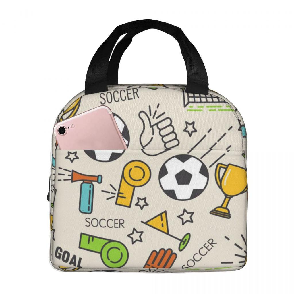 Fútbol Elemento Deportivo Patrón Deportivo Bolsa de Almuerzo Aislada para Mujeres Niños Portátil Cajas de Comida Lonchera Térmica Bolso Tote