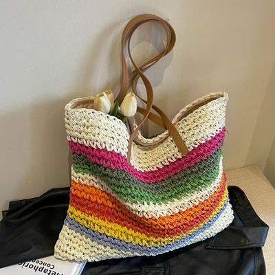 New Rainbow Contrasting Stripes Hand-woven Straw Bag Casual Versatile Seaside Vacation Shoulder Bag