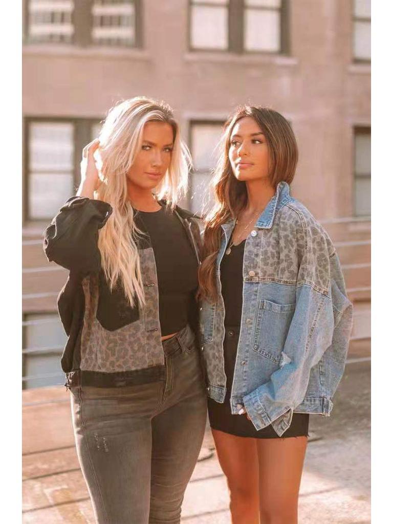 Women's Leopard Print Patchwork Denim Jacket - Long-Sleeved European and American Style