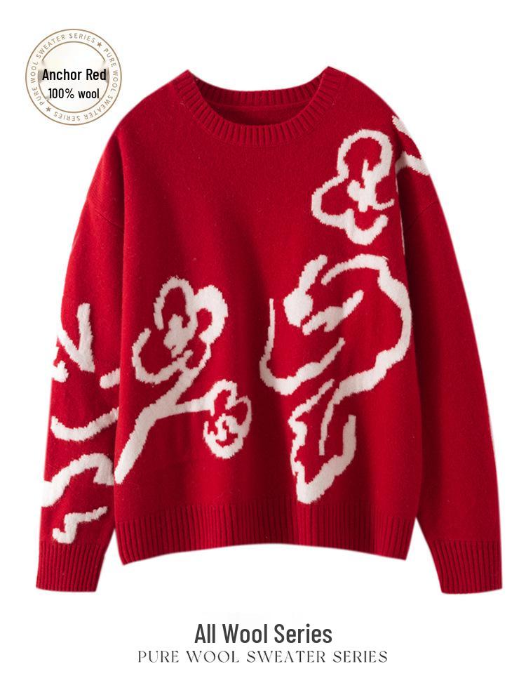 Zodiac Year Red Pure Wool Sweater - Round Neck, Thick Knit with Inlaid Cashmere for New Year and Spring Festival