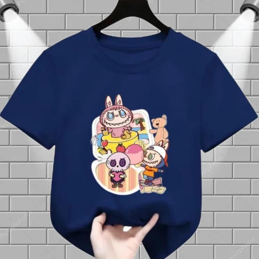 Summer Popular Children's T-shirt Clothing Beach Vacation Labubu Printed Girls Round Neck Short Sleeved Casual Top