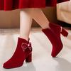 Bow Booties Fashion Round Toe Suede Side Zipper Non-Slip Wear-Resistant Block Heel Shoes