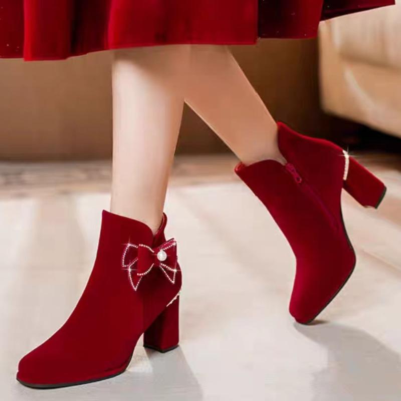 

Bow Booties Fashion Round Toe Suede Side Zipper Non-Slip Wear-Resistant Block Heel Shoes 34