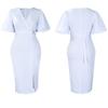 Women Fashion V Neck Puff Sleeve Solid High Waist Slit Bodycon Midi Dress