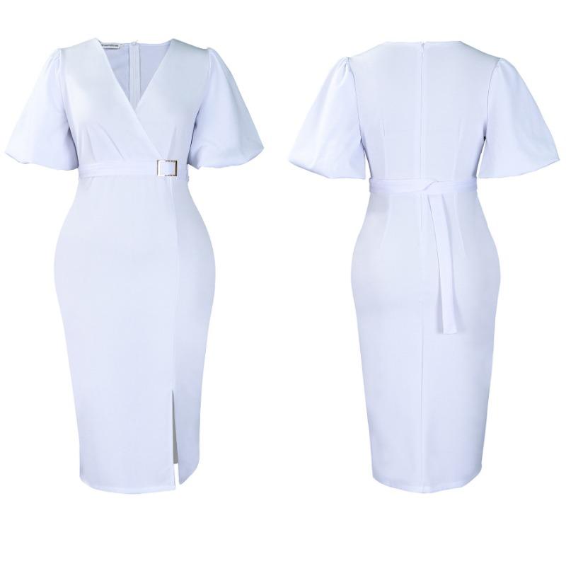 Women Fashion V Neck Puff Sleeve Solid High Waist Slit Bodycon Midi Dress