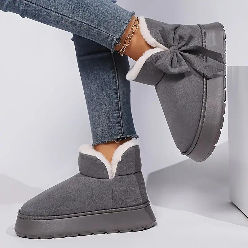 Cozy Plush-Lined Winter Snow Boots for Men and Women - Elegant Bow Detail, Soft Sole, Indoor/Outdoor Fashion Slippers