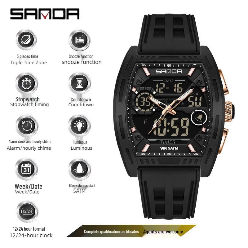SANDA Men's Waterproof Luminous Sports Watch - Countdown & Multifunctional Barrel-Shaped Electronic Watch with Large Dial