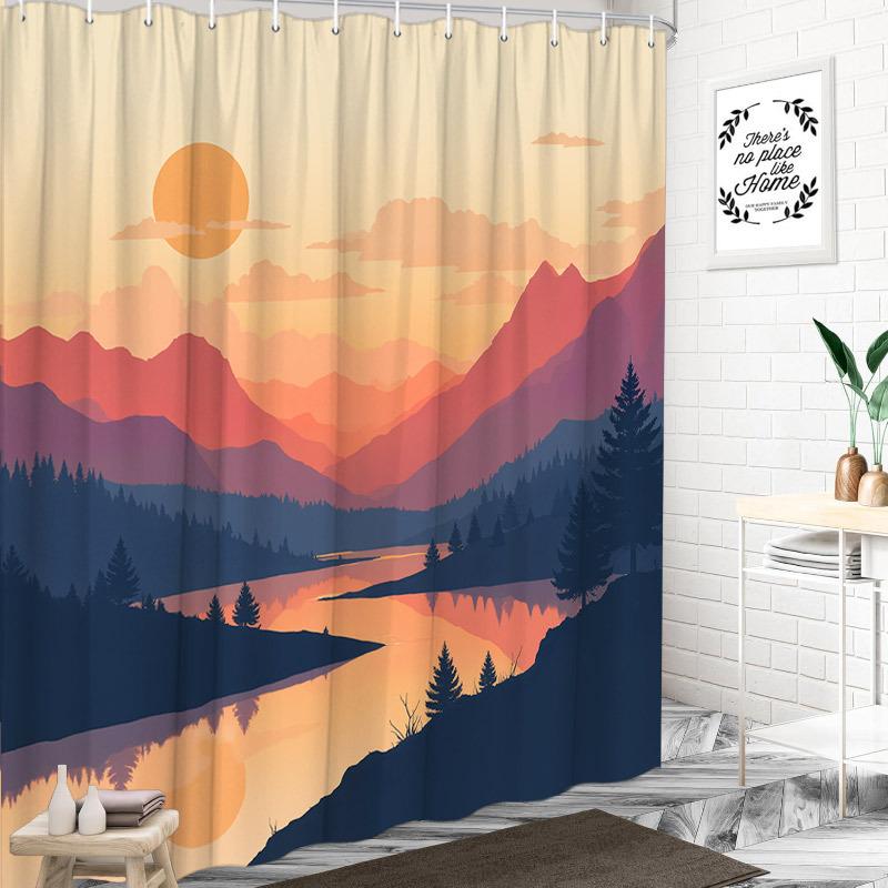 1pc Serene Sunset Lake Shower Curtain Bathroom Decor Featuring Silhouetted Mountains, Vibrant Orange Sky Calm Lake Reflection