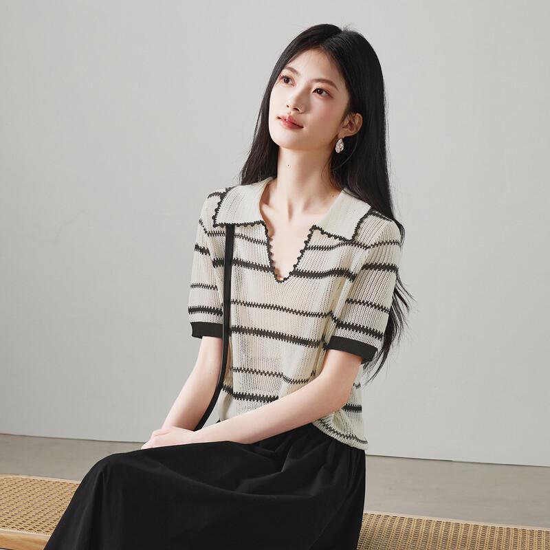 SOFSIL Striped Short Sleeve V-Neck Knit Top XL