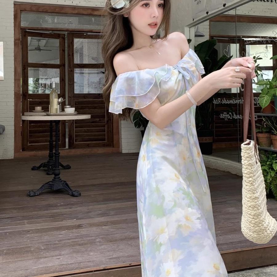 2026 French small flying sleeves floral chiffon dress women's summer gentle vacation temperament waist a-word skirt long dress